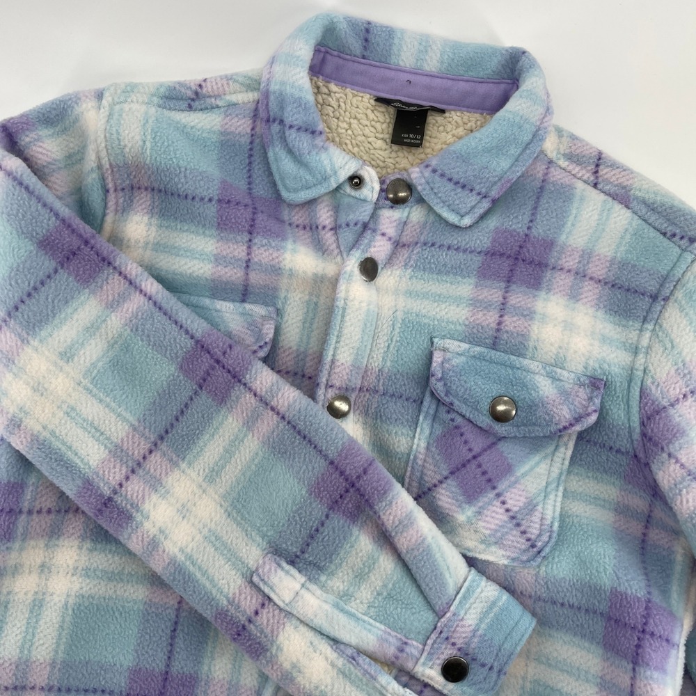 Eddie Bauer Kids Plaid Fleece Sherpa‎ Lined Shirt Jacket Size 10 12 Blue Purple